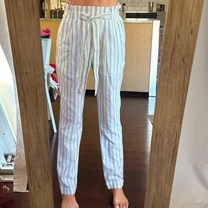 Brand New Linen Women’s Pants with Stripes Elastic Waist Pockets and Belt